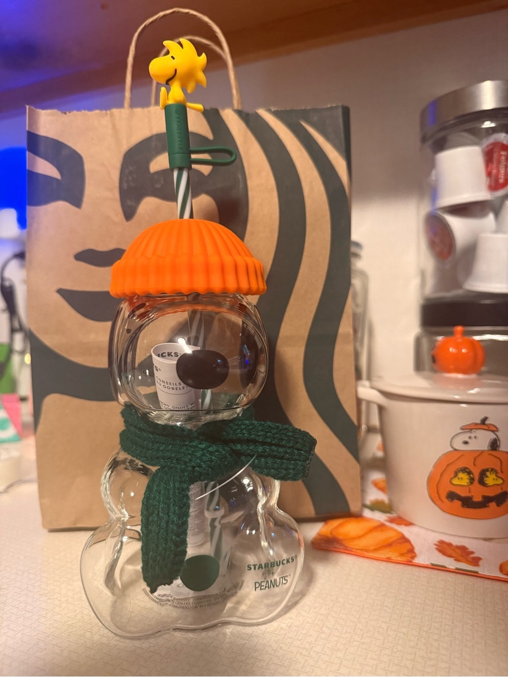 Starbucks Orange Hat Snowman Bottle with Green Scarf and Woodstock Stirrer
